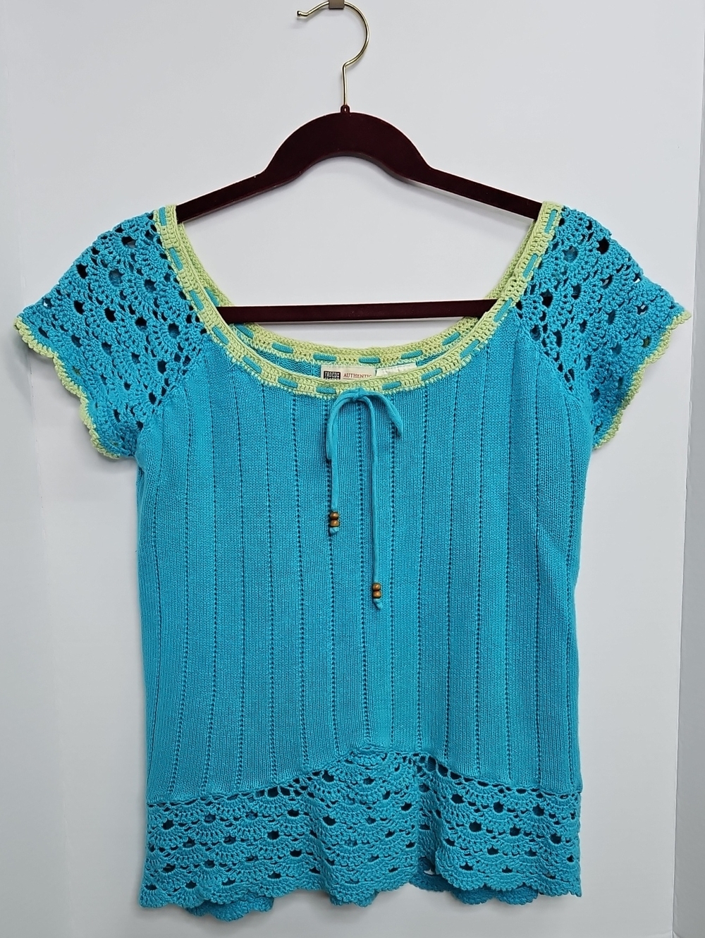 Y2K Faded Glory Turquoise & Green Crochet Knit Sweater Top Sz L Womens